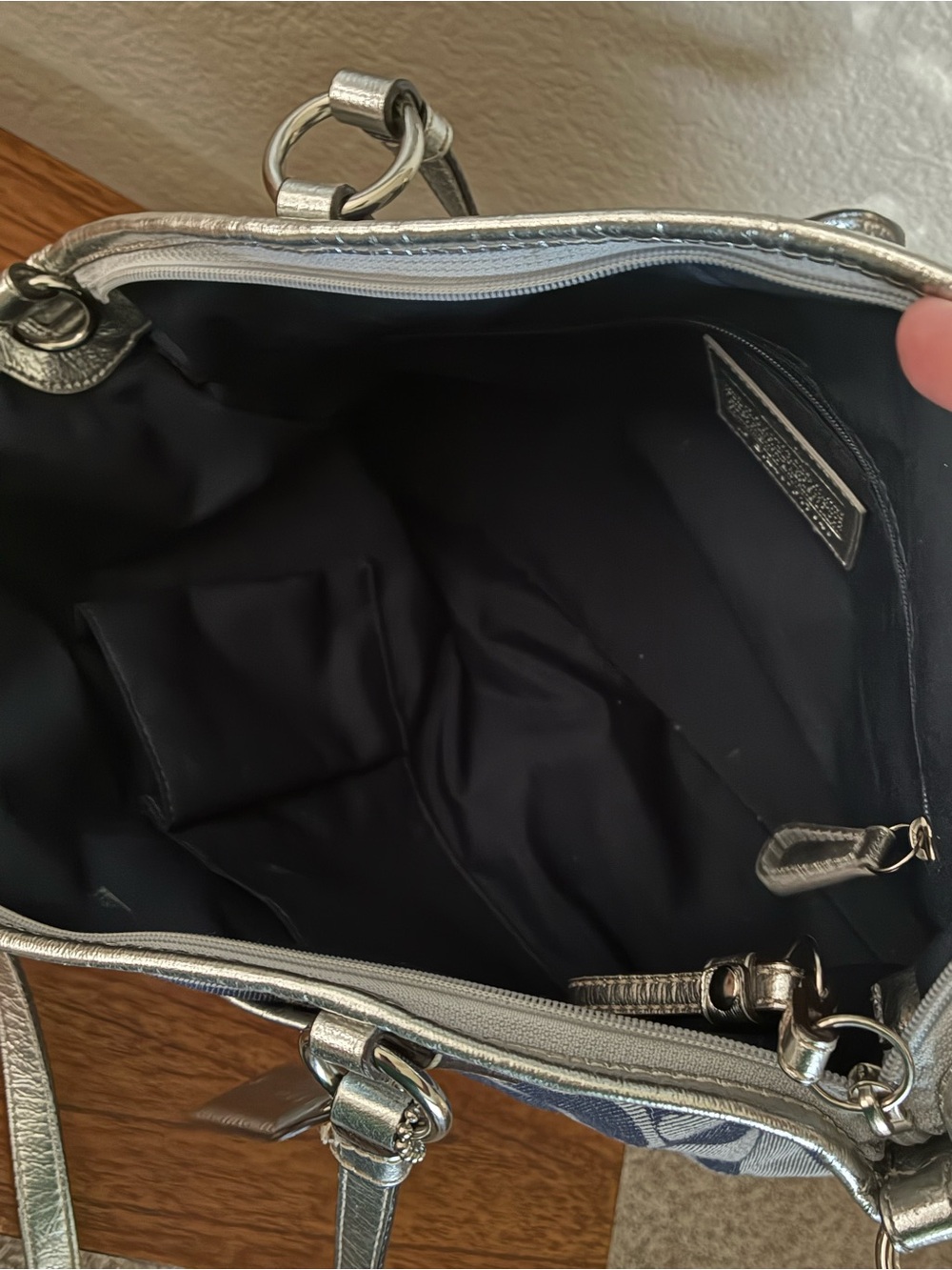 COACH Navy Signature Denim Canvas Tote with Silver Accents - Picture 4 of 8